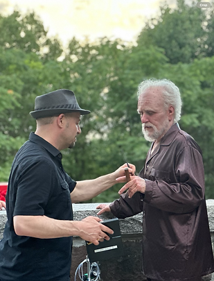 Ben Foster in scarred old age prosthetic getting a makeup touch-up by Jamie Kelman for MOTOR CITY