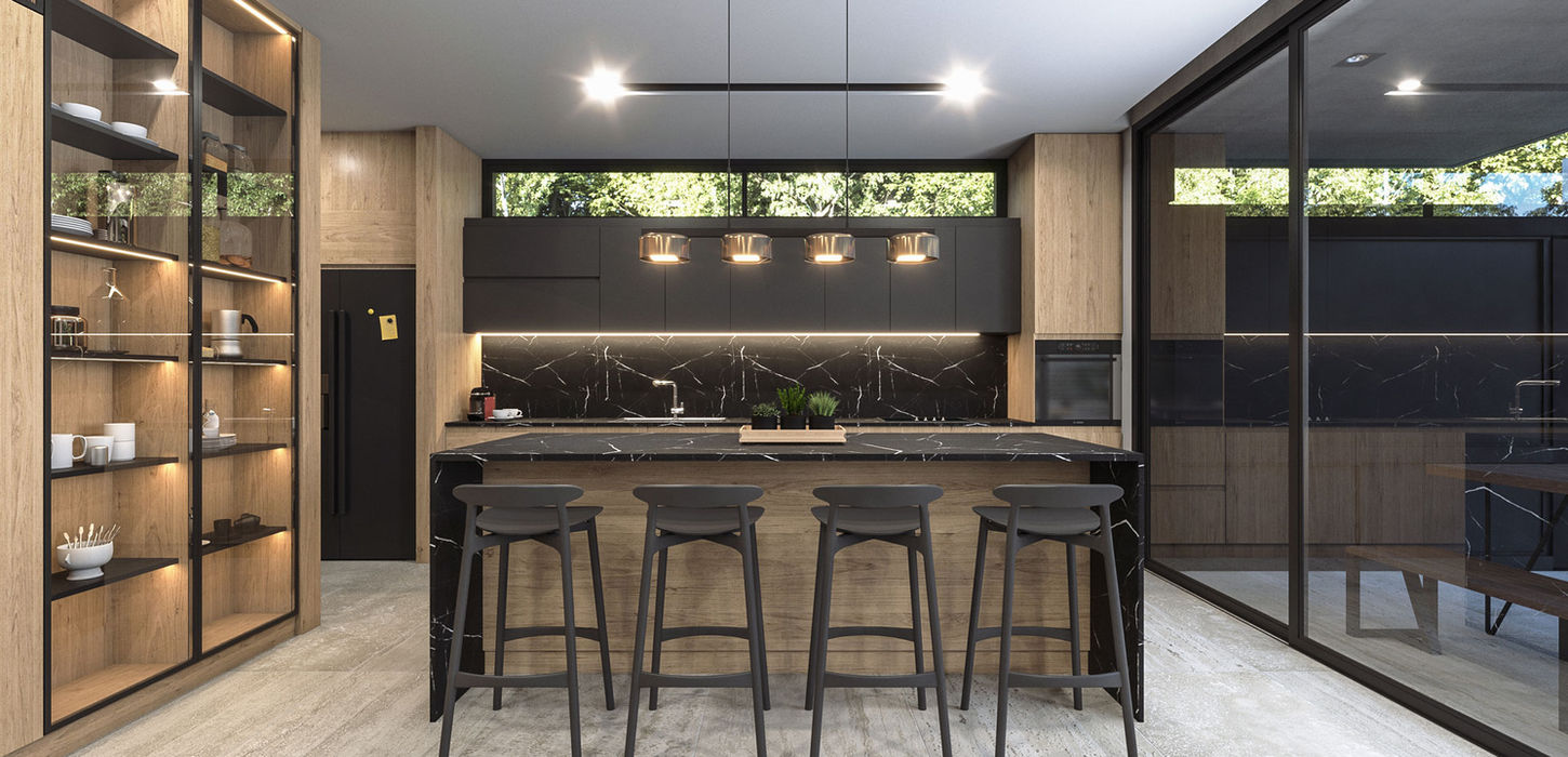 Cocina con isla y banquetas, el piso es de travertino, los muebles son de paraíso lustrado. las alacenas tienen puertas de vidrio, hay una lampara colgante sobre la isla y grandes ventanas de color negro.