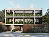 fachada de edificio entre medianeras de hormigon visto con detalles en wpc y vegetacion en balcones.
