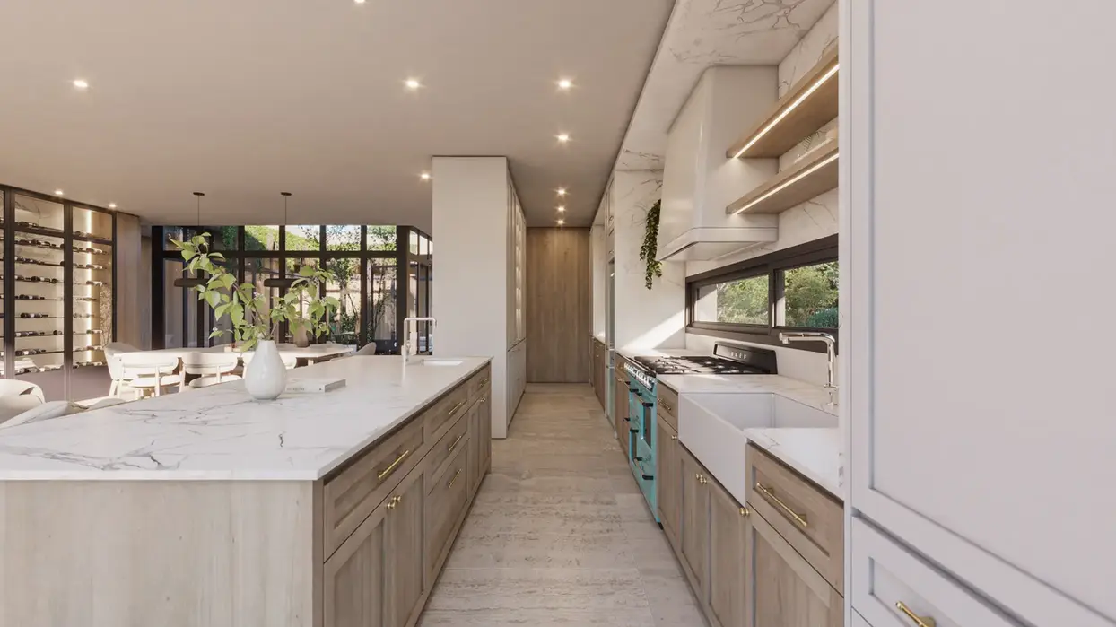 Cocina lineal. Muebles de madera. Isla de marmol y madera.