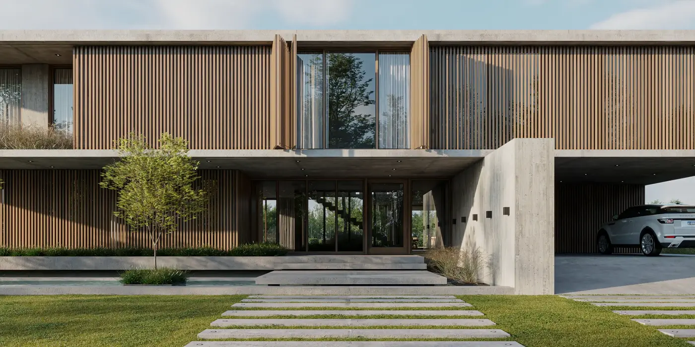 Casa moderna de hormigon visto. Tiene Revestimeintos de madera y vegetacion en la fachada.