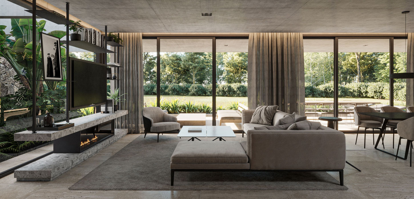 Estar luminoso con grandes ventanales. Da a un patio con un árbol, la escalera esta forrada en madera. El mobiliario del estar tiene sillones individuales, una mesa grande y un sillón de tres cuerpos para ver la televisión, hay una cava con puertas de vidrio.