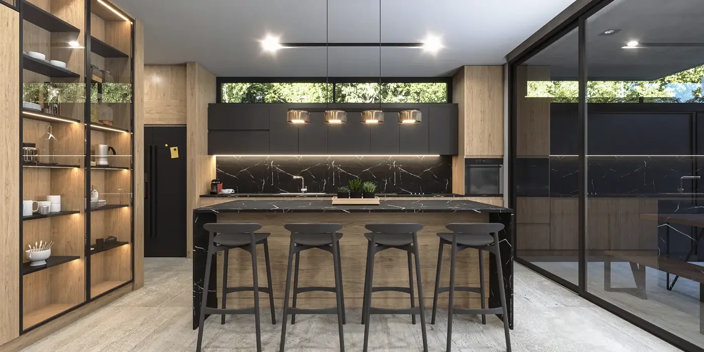 Cocina con mueble de madera y laca negral. Se ve la isla con banquetas revestida en marmol negro. se ve un mueble con puertas de vidrio.