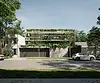 edificio de tres plantas entre medianeras de hormigon visto con vegetacion integrada en balcones