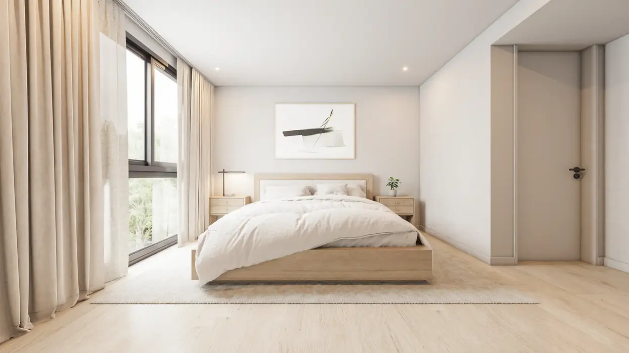 dormitorio luminoso, con piso de marmol. paredes claras las ventanas son de aluminio negro.