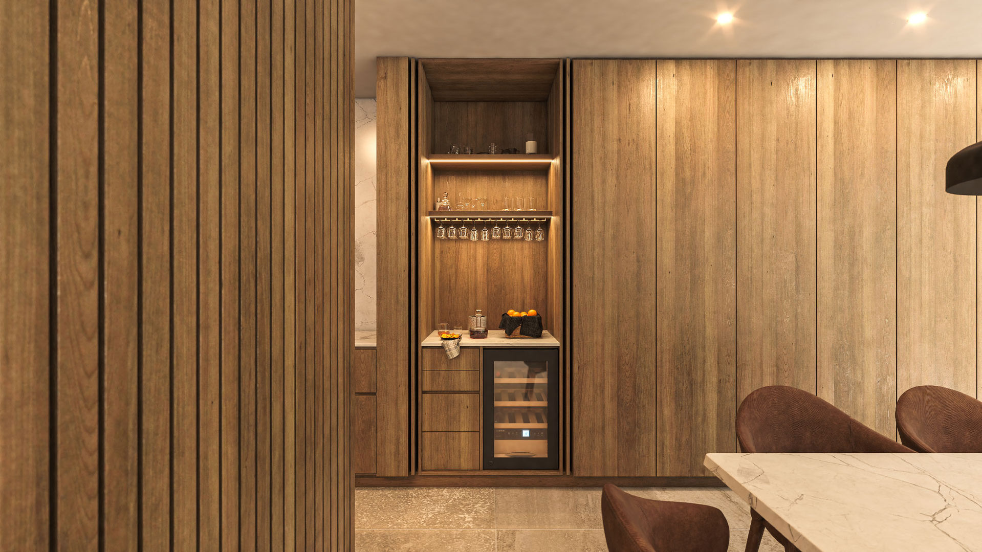 Con puertas rebatibles se armó un espacio pensado para café y vino, dentro del vajillero del comedor, que es tanto funcional como útil para las necesidades de uso diario.