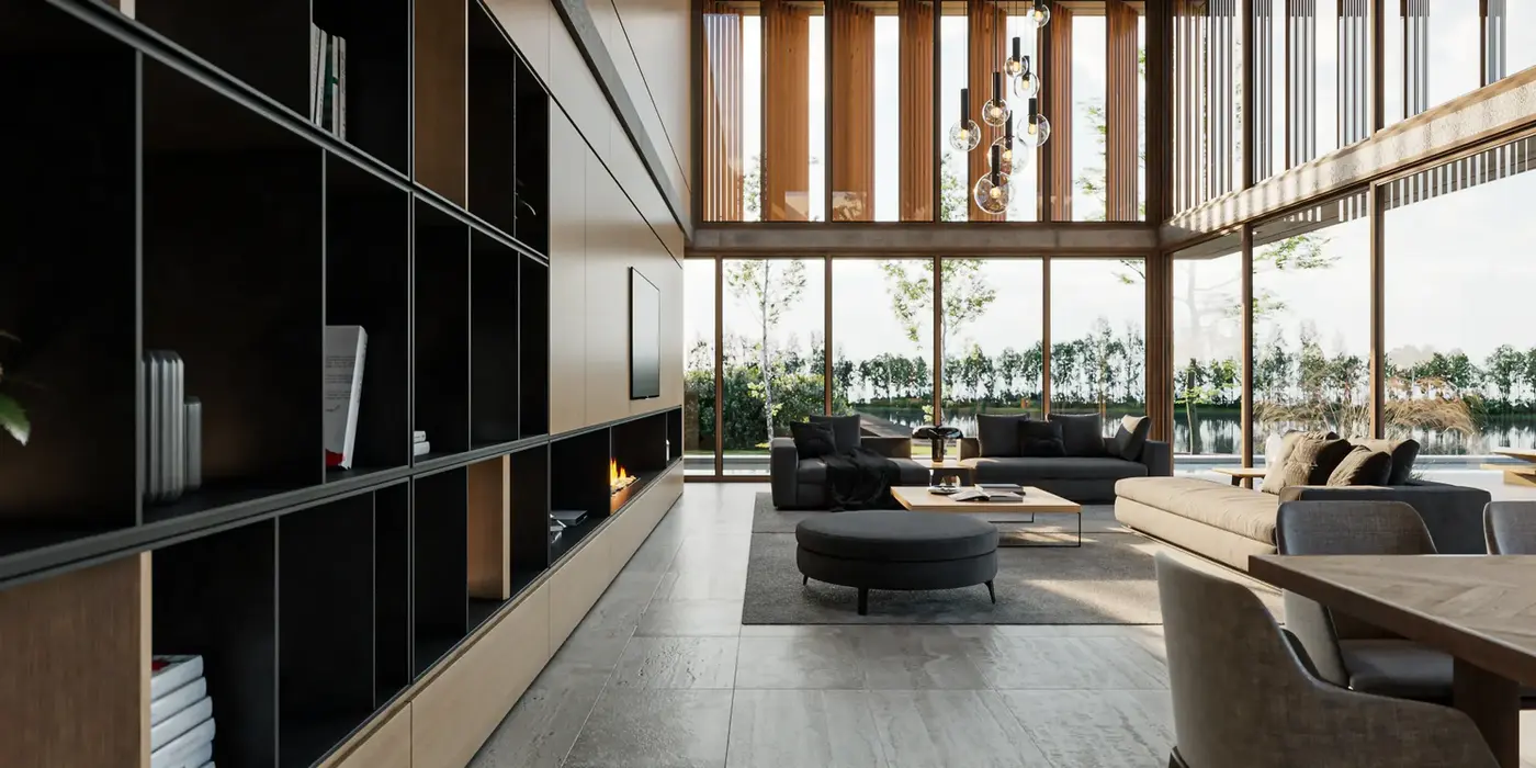 Es una interior de una casa moderna. Con muros revestidos en madera. El piso es de Travertino. La losa es de hormigon visto. Es un living con sillones oscuros.