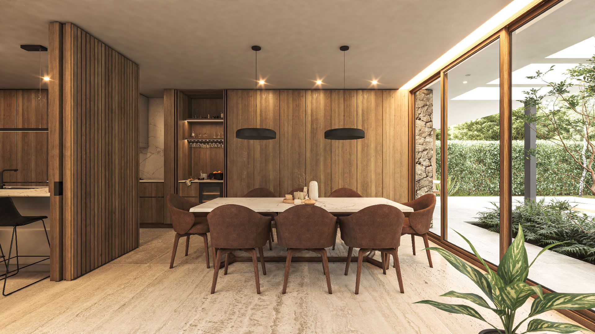 El patio está conectado con el estar comedor, el estanque genera un espacio tranquilo y relajado, las carpinterías son de aluminio simil madera, el piso es de travertino, las carpinterías de piso a techo iluminan el espacio de forma espectacular.