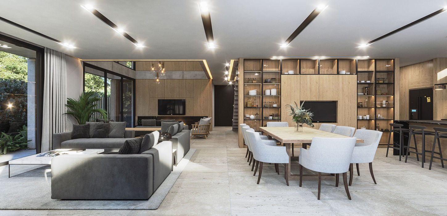 El estar comedor integrado con la cocina, los sillones son de telas oscuras, hay una mesa de estar de mármol. se ve el comedor con sillas forradas en tela y la cocina al fondo. Las ventanas vinculan el espacio con la galería exterior.