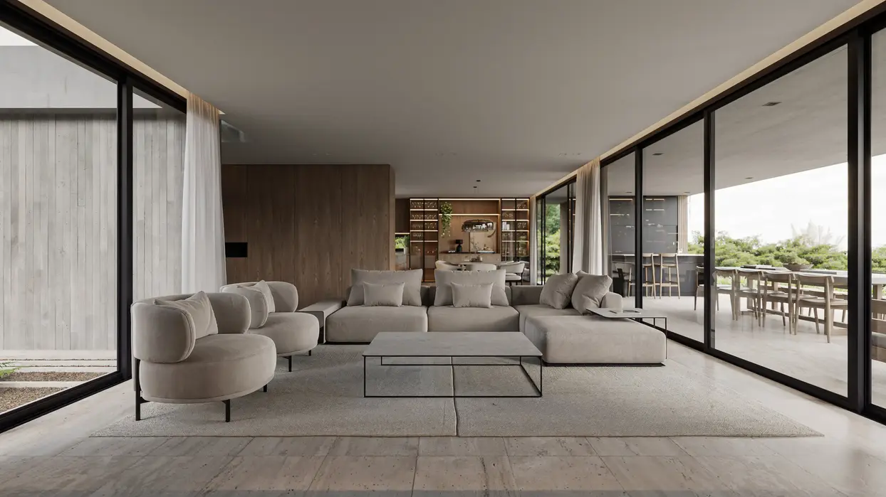 Estar comedor luminoso, las ventanas son de aluminio negro, el piso de marmol. los muebles de color claro.