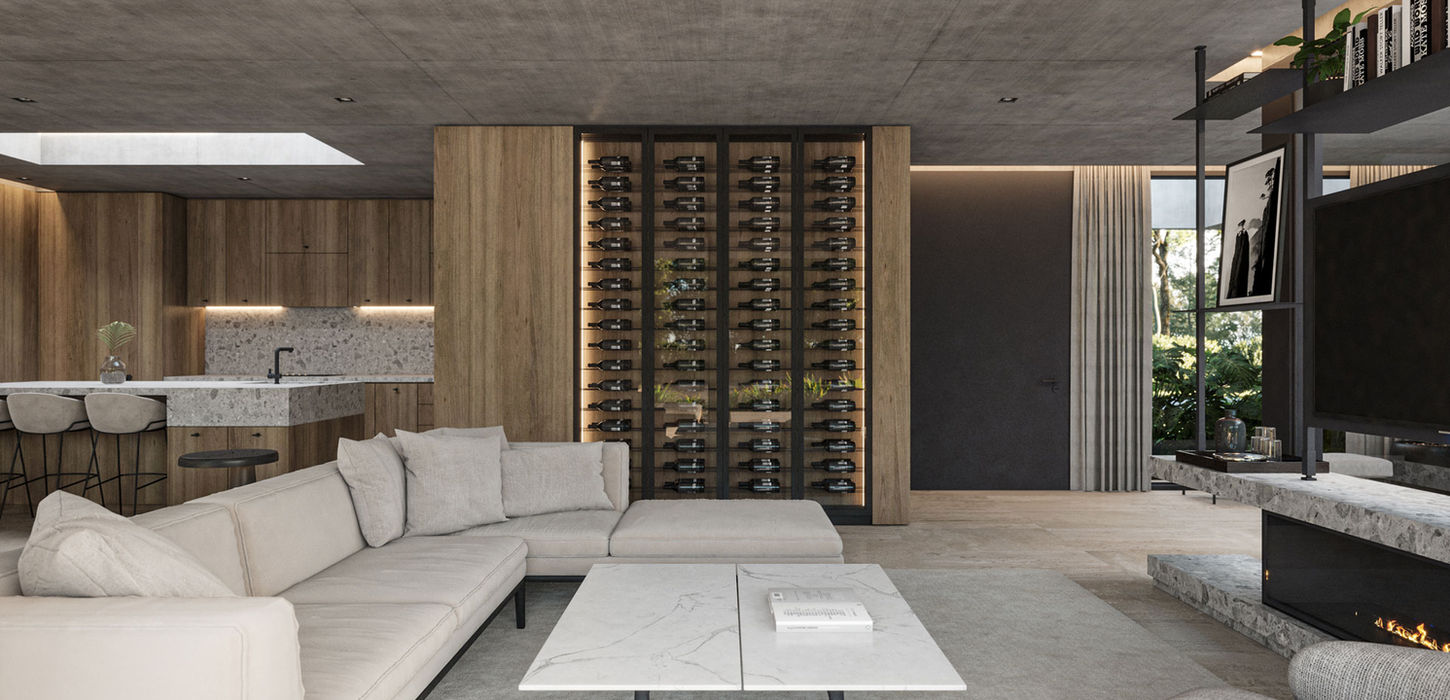 Estar luminoso con grandes ventanales. Da a un patio con un árbol, la escalera esta forrada en madera. El mobiliario del estar tiene sillones individuales, una mesa grande y un sillón de tres cuerpos para ver la televisión, hay una cava con puertas de vidrio.