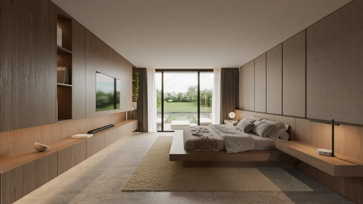 Master suitte. paredes revestidas en tela y madera. la cama tipo china esta flotando el respaldo tiene mesas de luz incorporadas.