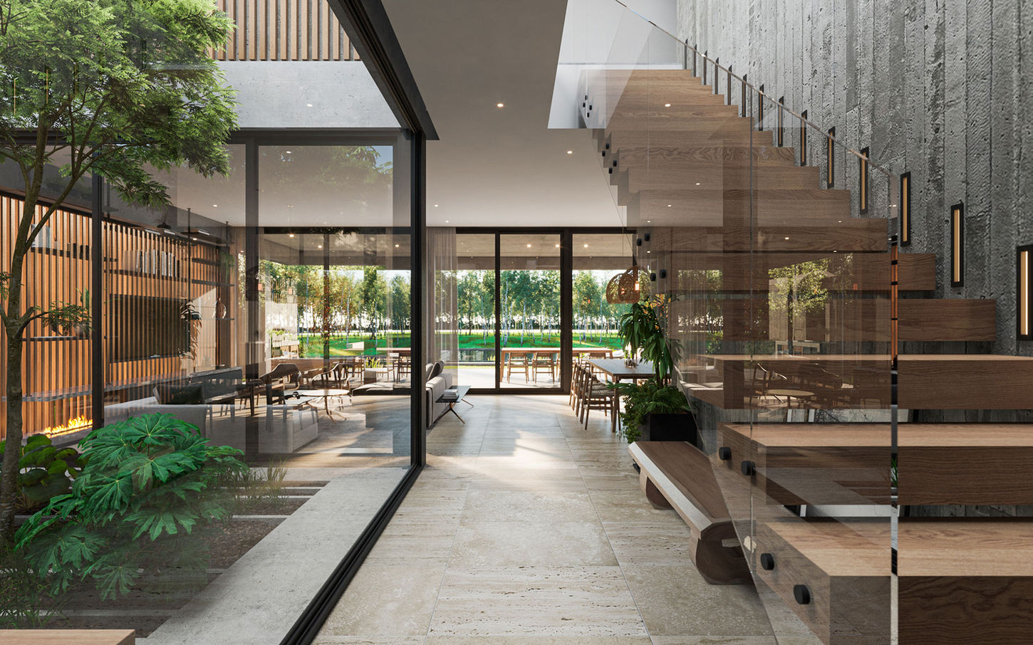 Escalera principal revestida en madera con baranda de vidrio, da al patio interino es un espacio cálido y acogedor.