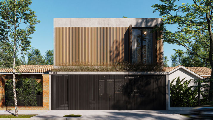 fachada de casa moderna urbana de hormigon, revestida en wpc y chapa negra