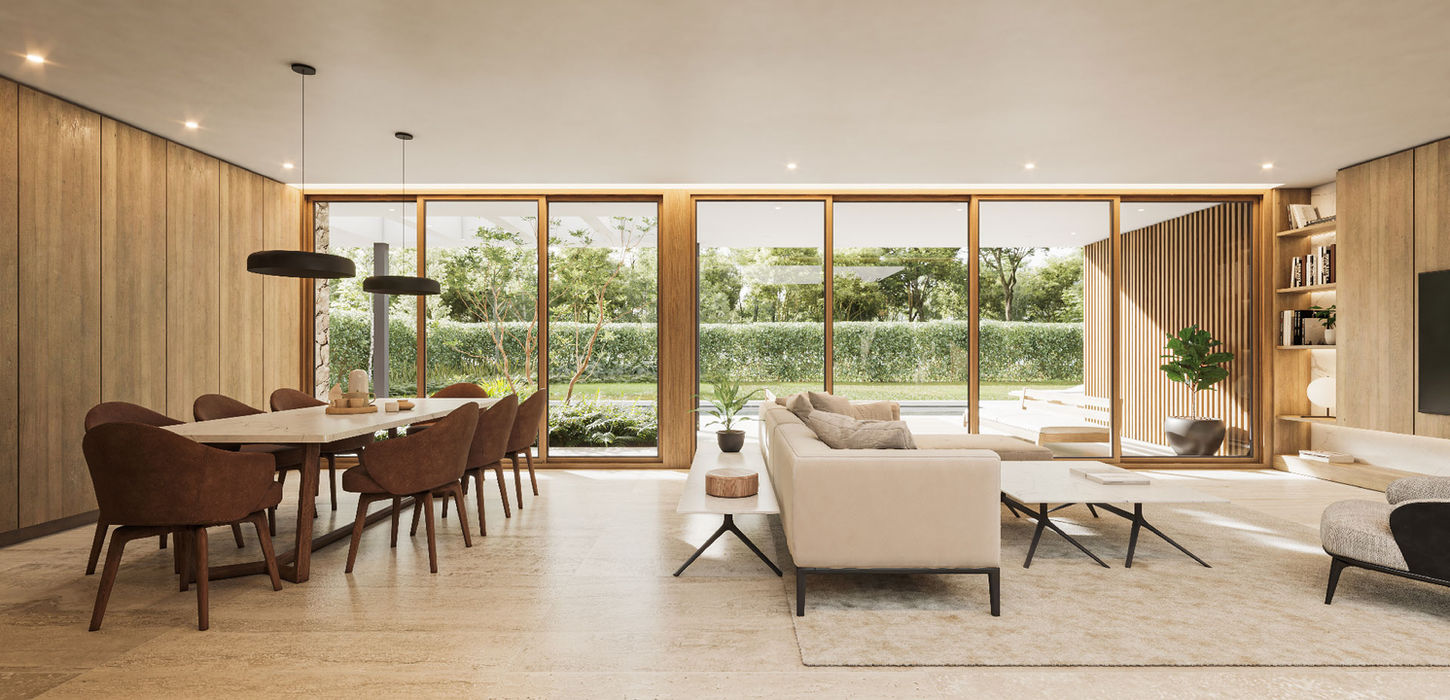 Estar comedor integrado con galera. Ventanas de piso a techo que aportan gran luminosidad, la casa está en Buenos Aires.  El piso es de travertino y el mobiliario es claro. Las paredes estan forradas en madera.