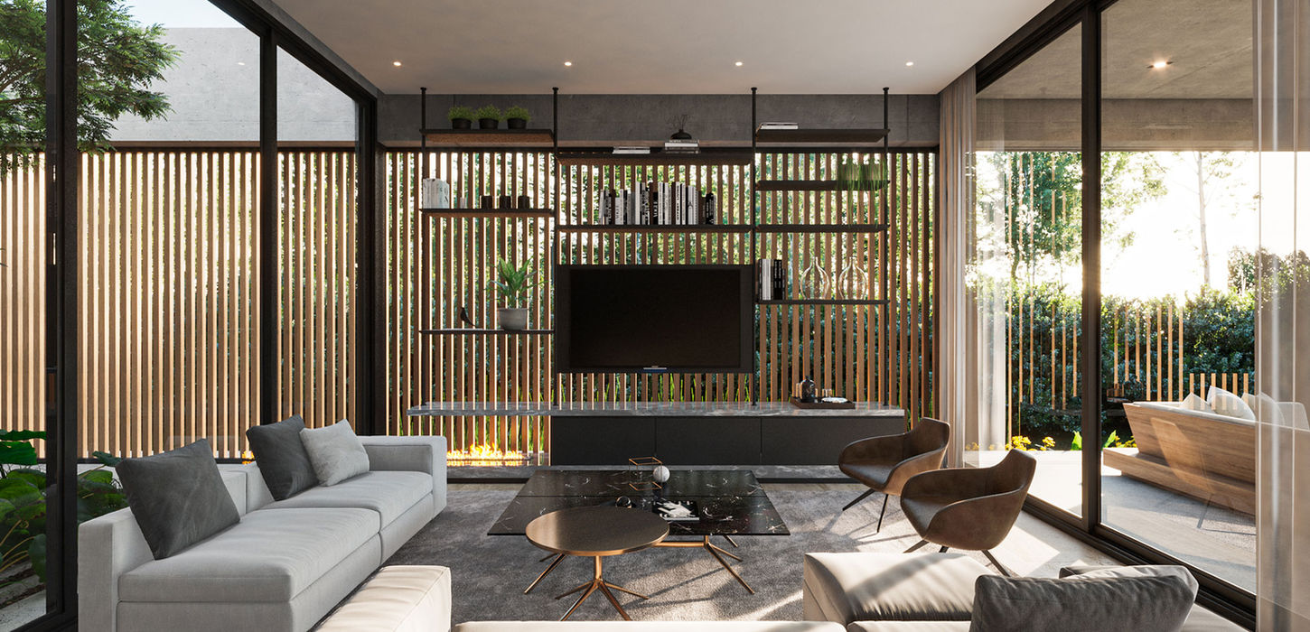 Estar luminoso con grandes ventanales. Da a un patio con un árbol, la escalera esta forrada en madera. El mobiliario del living tiene sillones individuales, una mesa grande y un sillón de tres cuerpos para ver la televisión.
