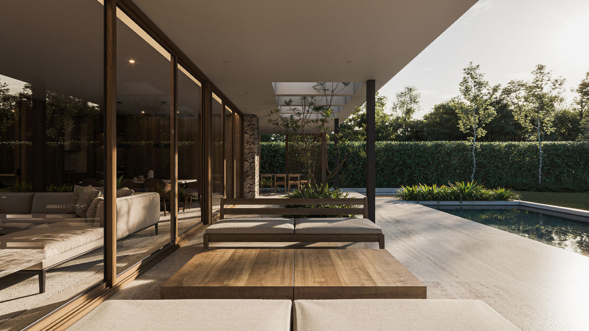 La galería incorpora vegetación para generar la mayor cercanía entre el estar comedor y el espacio exterior, hay un living para el exterior que está pegado a la pileta.