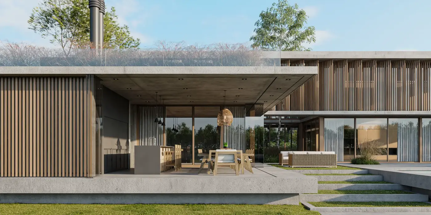 Casa moderna de hormigon visto. Tiene Revestimeintos de madera y vegetacion en la fachada. Se fe una galeria con una parilla y una isla.