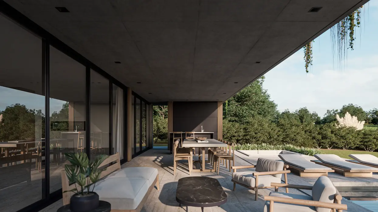 Galeria moderna, losa de hormigon visto y piso de travertino.