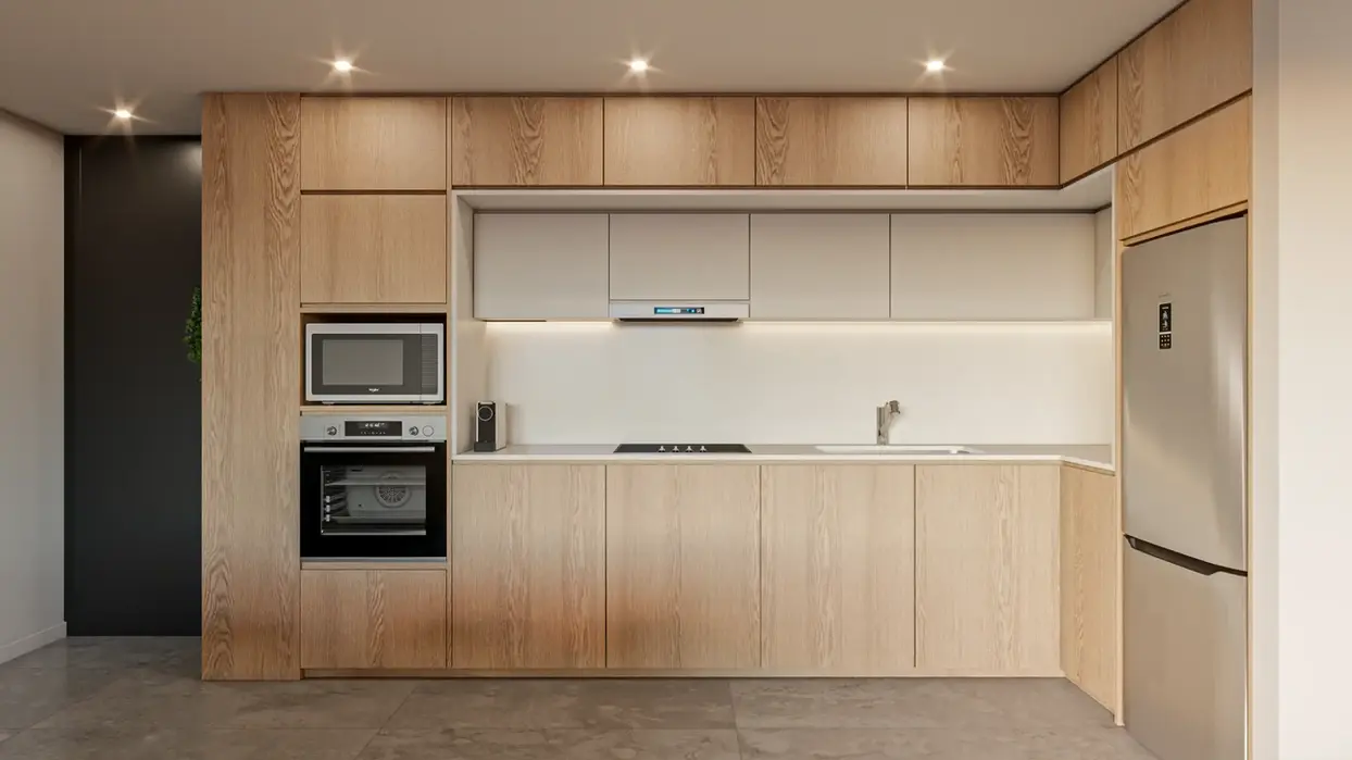cocina en madera integrada a estar comedor.