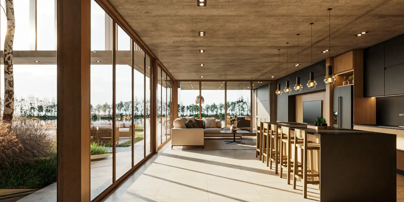 Es una interior de una casa moderna. Con muros revestidos en madera. El piso es de Travertino. La losa es de hormigon visto. Es una cocina con family. Los muebles son de madera y marmol negro.