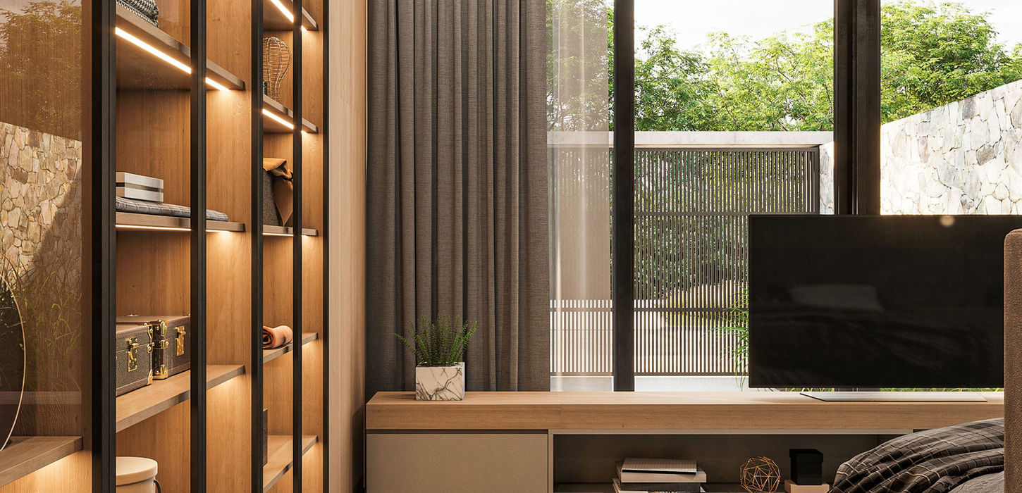 Dormitorio principal, con mueble de apoyo con paredes de vidrio, el piso es de travertino y el techo de hormigon visto. La cama mira directo a la ventana.