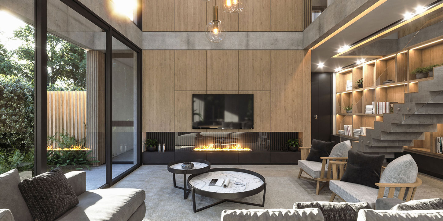 Sala de televisión con hogar. Es en doble altura. tiene grandes ventanas de color negro. los muros estan revestidos en paraíso hay una lampara colgante. los sillones son de telas oscuras. se ve la escalera en el lateral.