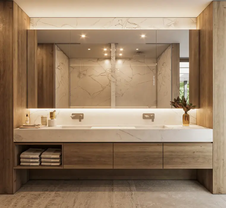 baño con doble bacha en marmol. con espejo y griferias de pared. el piso es de travertino, las paredes estan revestidas en madera.