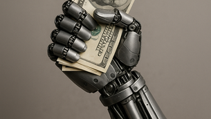 A robot arm holding a fist full of money.