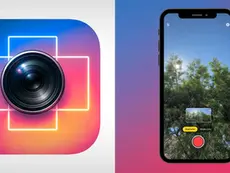 Promotional image for the DualShot Recorder app showing the app icon with a large camera lens over overlapping vertical and horizontal frame outlines on the left, and an iPhone screen on the right displaying the app camera interface recording trees with Dual Lens and Single Lens options.