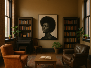 A warm, sunlit reading room with Black art, bookshelves, and cozy chairs—symbolizing a modern Black sanctuary.