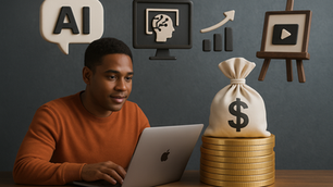 A 3D realistic image of a young African-American man in an orange sweater sitting at a wooden table, working on a silver laptop. Beside him is a stack of gold coins topped with a beige money bag featuring a black dollar sign. Floating above are icons representing artificial intelligence, data growth, and digital content creation, set against a textured blue-gray background.