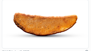 KFC social media post on X reading ‘HERE, DAMN.’ above a close-up image of a single golden-brown potato wedge, announcing the product’s return on August 11, 2025