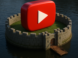 YouTube content moat concept—3D logo protected by castle walls and moat, symbolizing a defensible search strategy