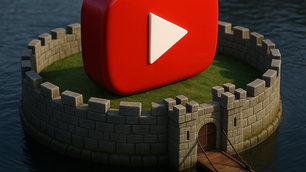 YouTube content moat concept—3D logo protected by castle walls and moat, symbolizing a defensible search strategy