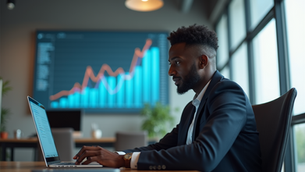 A Black man in a suit works on a laptop in a modern office, with a large screen behind him displaying upward-trending financial graphs.