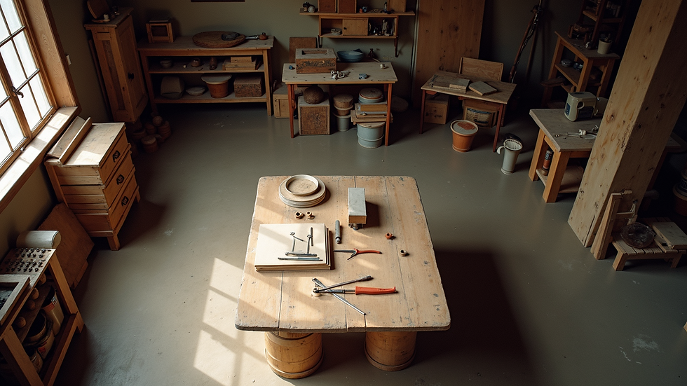 High angle view of a community workshop with tools and materials