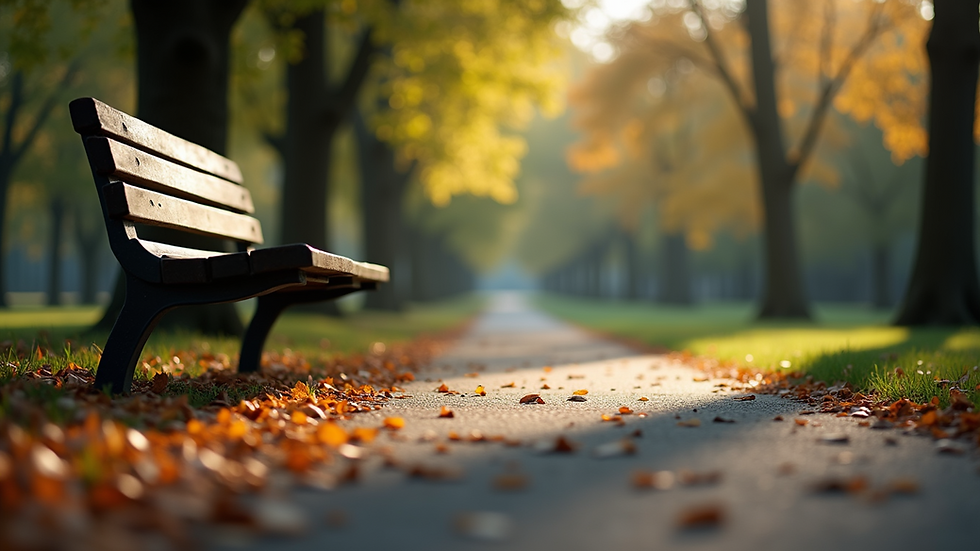 Eye-level view of a quiet park bench surrounded by trees