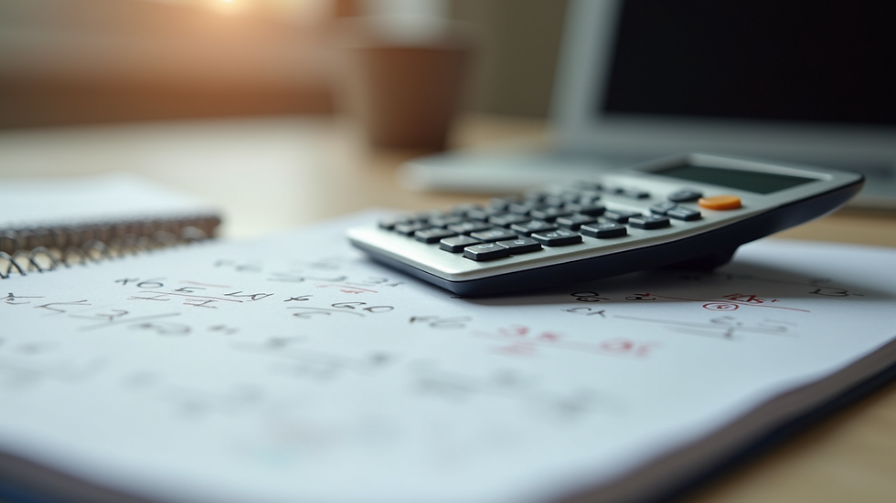 Close-up view of a calculator and maths workbook on a desk