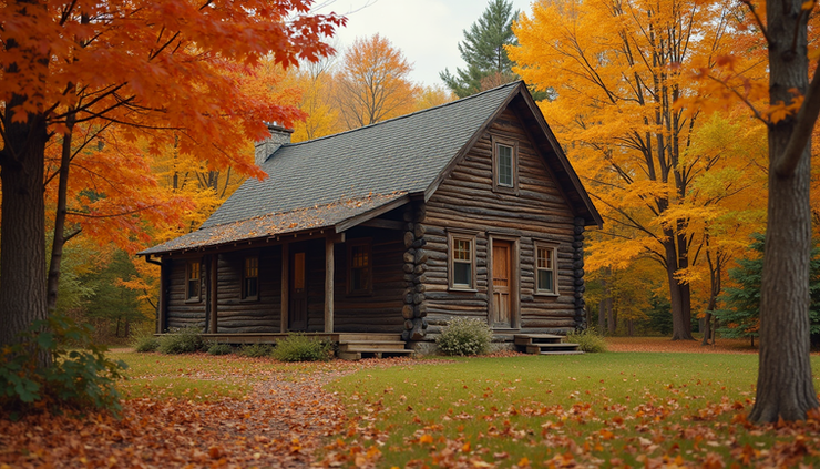 Eye-level view of a rustic cabin surrounded by vibrant orange and red maple trees in Vermont's fall
