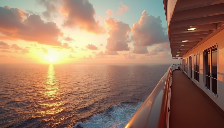 Eye-level view of a cruise ship deck overlooking calm ocean waters at sunrise