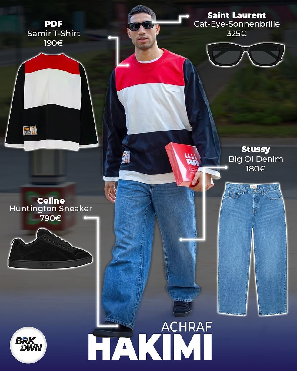 Achraf Hakimi Outfit PDF Samir Longsleeve Stüssy Big Ol Denim Celine Huntington Sneaker Saint Laurent Sonnenbrille Gesamtlook