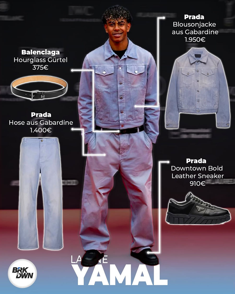 Lamine Yamal Outfit Prada Gabardine Blouson Hose Balenciaga Gürtel Prada Downtown Bold Sneaker Gesamtlook