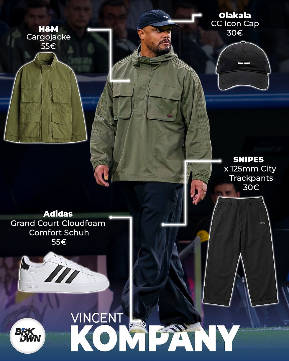 Vincent Kompany Outfit Cargojacke Trackpants Sneaker Cap Detail