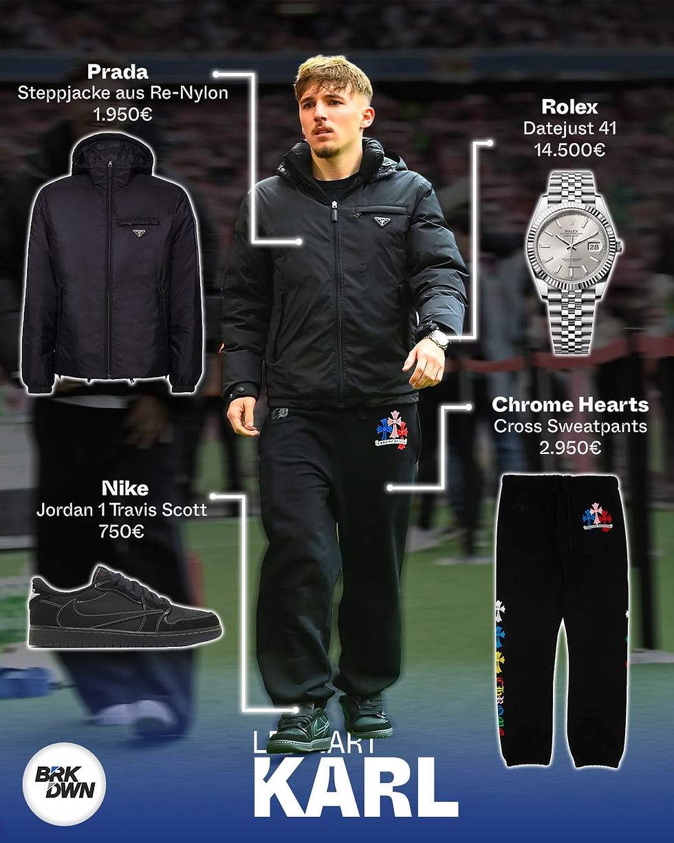 Lennart Karl Outfit Prada Re Nylon Jacke Chrome Hearts Sweatpants Travis Scott Jordan 1 Rolex Datejust Gesamtlook