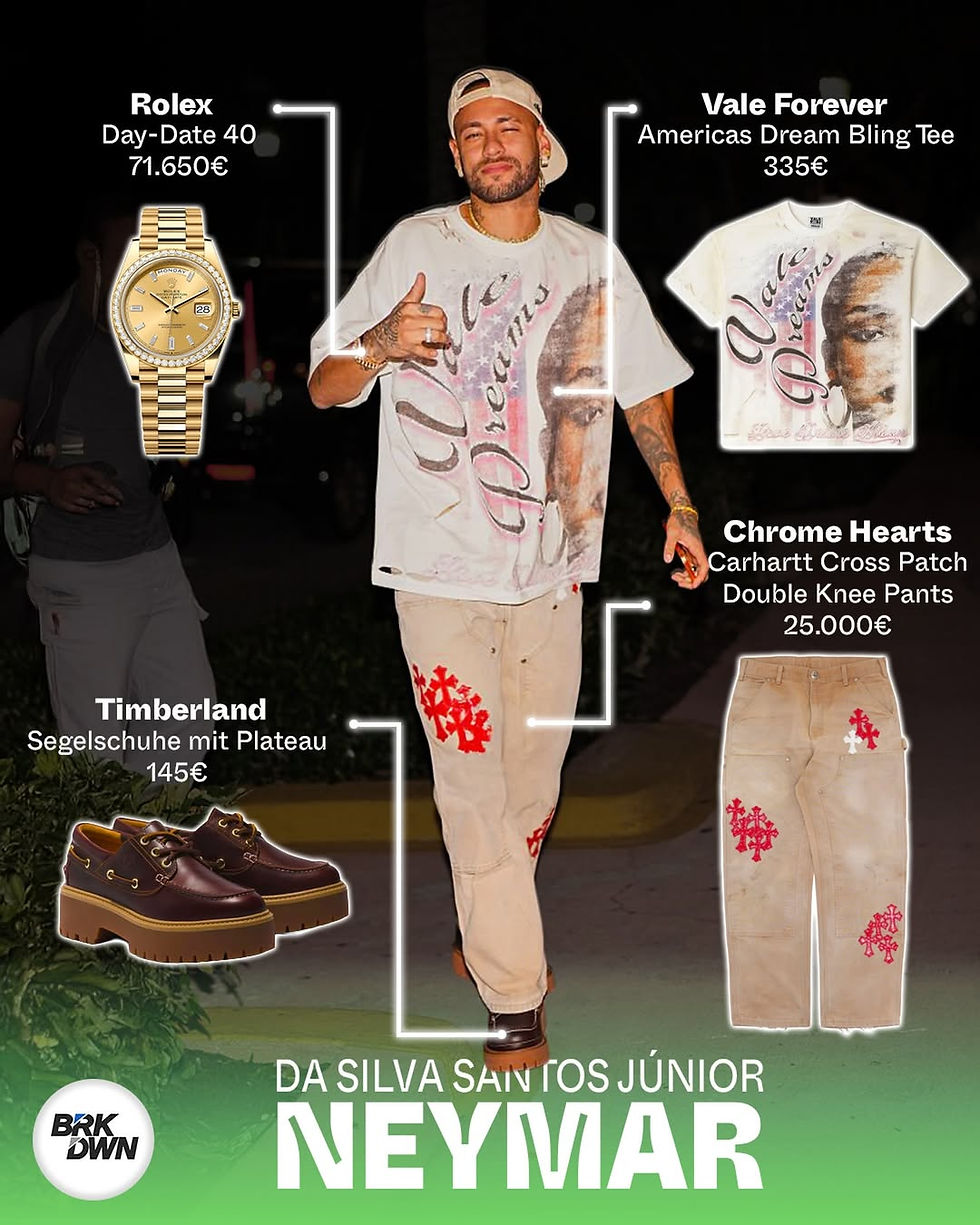 Neymar Outfit mit Chrome Hearts Hose Rolex Day Date und Timberland Schuhen Streetwear Look