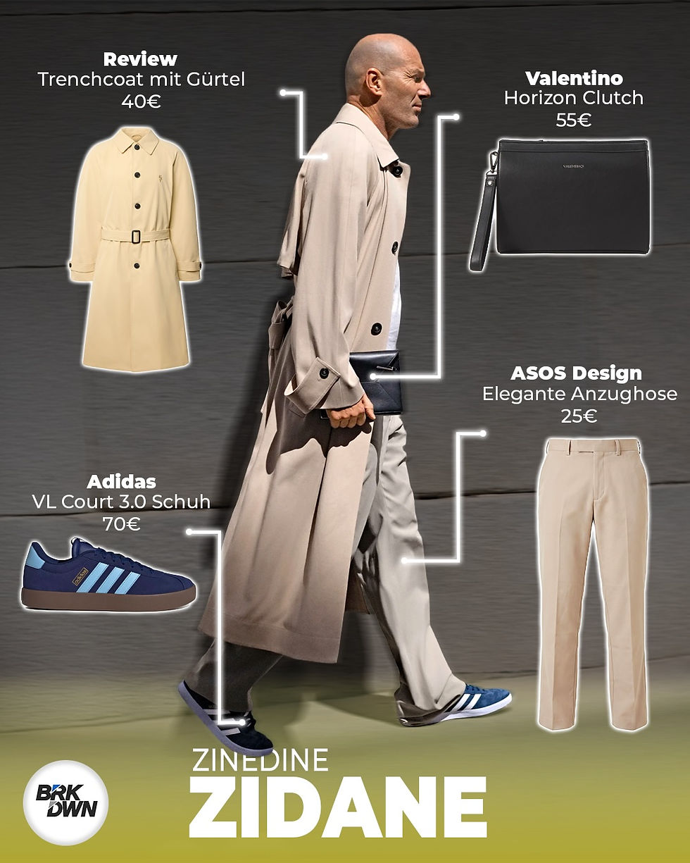 Zinedine Zidane Outfit Trenchcoat Anzughose Sneaker Clutch Detail