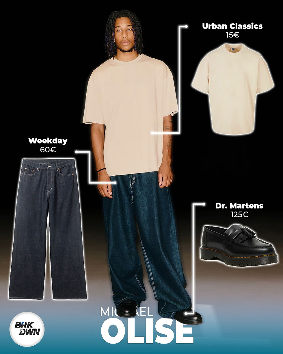 Michael Olise Outfit Urban Classics T-Shirt Weekday Wide Jeans Dr Martens Loafer Gesamtlook