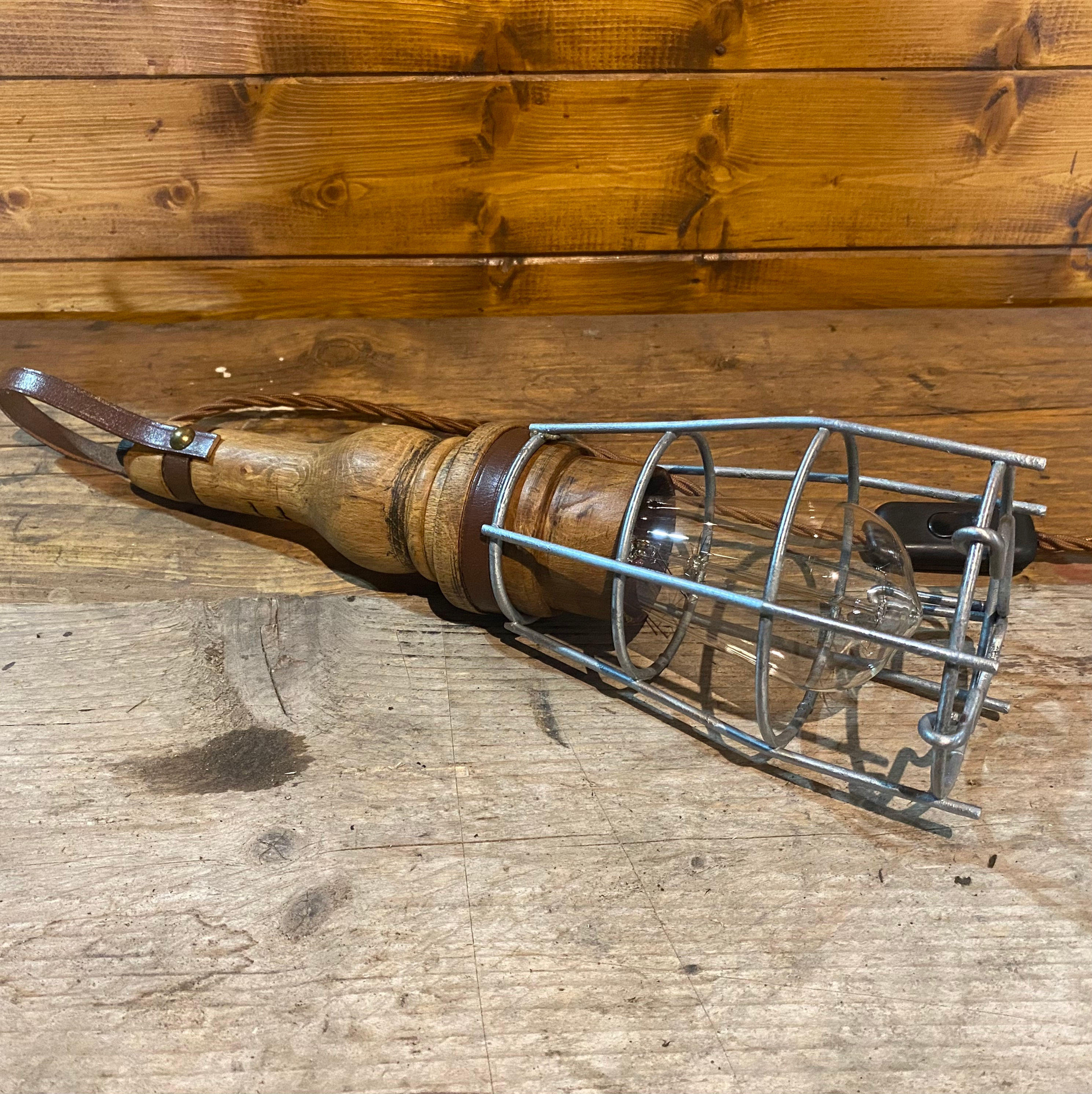 Rare Early 20th Century Vintage Wooden Handled Inspection Lamp, Industrial