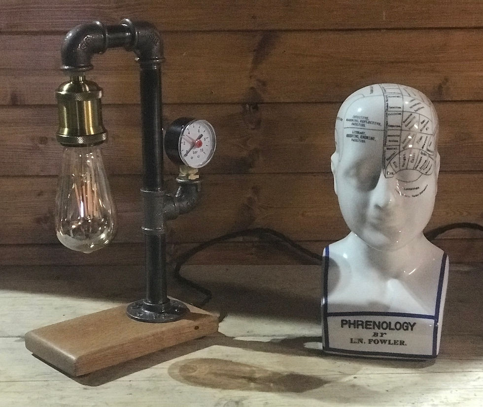 Thumbnail: Industrial Table Lamp With Gauge, Bedside Lamp, Oak Base, Upcycled Steampunk